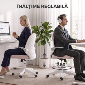 HOMCOM Scaun de Birou Ergonomic cu Brațe Rabatabile și Înălțime Reglabilă, Mesh Respirabil,  60,5x54x99 cm, Roz | Aosom Romania