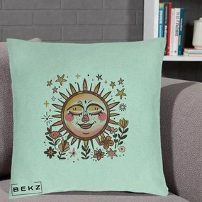 Perna Decorativa Soare Retro Boho Floral, 40x40 cm, Verde Menta, Husa Detasabila, Perna Inclusa, BEKZ®