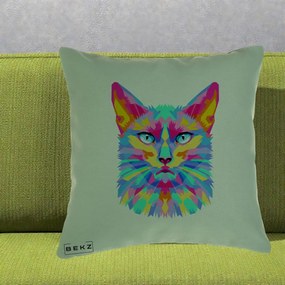 Perna Decorativa Pisica Pop Art Multicolor, 40x40 cm, Verde, Husa Detasabila, Perna Inclusa, BEKZ®