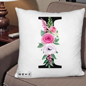 Cadou Personalizat - Perna Personalizata Monograma Florala Litera I, 40x40 cm, Alb Pufos, Husa Detasabila, Perna Inclusa, BEKZ®