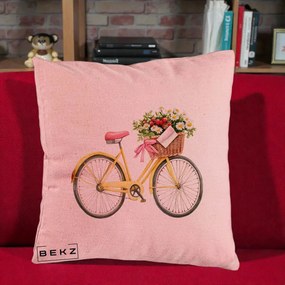Perna Decorativa Bicicleta Galbena cu Cos de Flori Primavara, 40x40 cm, Roz, Husa Detasabila, Perna Inclusa, BEKZ®