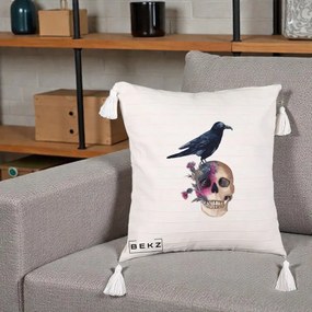 Perna Decorativa Craniu cu Corb si Flori Gothic, 40x40 cm, Bej cu Franjuri, Husa Detasabila, Perna Inclusa, BEKZ®