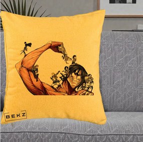 Perna Personalizata Attack on Titan Eren Titan Grup, 40x40 cm, Galben, Husa Detasabila, Perna Inclusa, BEKZ®