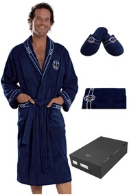 Halat de bărbați MARINE MAN în cutie cadou + prosop + papuci de casă XL +  Papuci de casa (42/44) + prosop + box Albastru închis / Navy