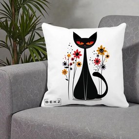 Perna Decorativa Pisica Neagra Ochi Rosii Flori, 40x40 cm, Alba Mata, Husa Detasabila, Perna Inclusa, BEKZ®