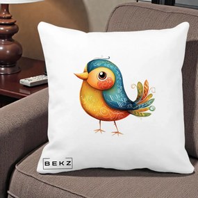 Perna Decorativa Pasare Folk Art Portocalie-Teal, 40x40 cm, Alba Mata, Husa Detasabila, Perna Inclusa, BEKZ®