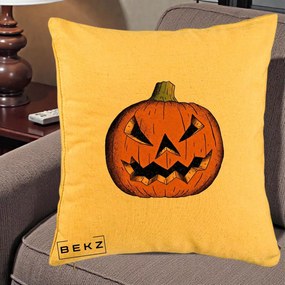 Perna Decorativa Halloween Dovleac Portocaliu Clasic, 40x40 cm, Galben, Husa Detasabila, Perna Inclusa, BEKZ®