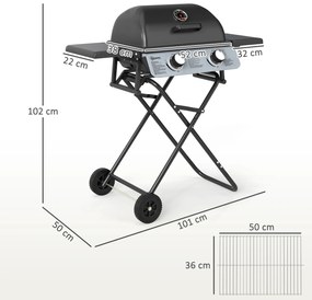 Outsunny Barbecue pe Gaz 2 Arzătoare, 2 Rafturi, Capac și Termometru Negru | Aosom Romania