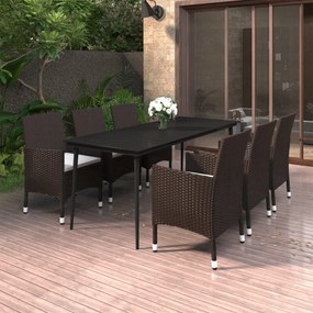 Set mobilier de gradina cu perne, 7 piese, poliratan si sticla Maro, Lungime masa 200 cm, 7