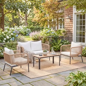 Outsunny Set mobilier de grădină, grup de șezut pentru 4 persoane, lounge cu sofă 2 locuri, 2 fotolii, masă cu lamele, împletitură tip sfoară, perne lavabile | Aosom Romania