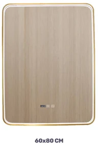 Oglindă LED Dreptunghiulară (60x80 cm), Lumină Rece, Intensitate Reglabilă, Funcție Dezaburire, Ceas (Timer) și Termometru, Ramă Aluminiu, Control Tactil (Touch)