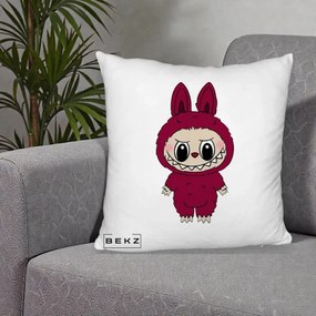 Perna Personalizata Labubu Rosu-Visiniu Solo, 40x40 cm, Alb Pufos, Husa Detasabila, Perna Inclusa, BEKZ®