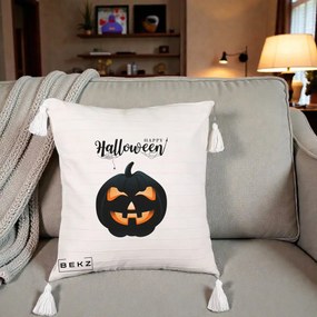 Perna Decorativa Happy Halloween Dovleac Negru cu Paianjen, 40x40 cm, Bej cu Franjuri, Husa Detasabila, Perna Inclusa, BEKZ®