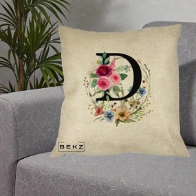 Cadou Personalizat - Perna Personalizata Monogram Litera D cu Flori Acuarela, 40x40 cm, Crem, Husa Detasabila, Perna Inclusa, BEKZ®