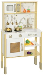 AIYAPLAY Bucătărie de jucărie din lemn cu sunet, cu accesorii din oțel inoxidabil, legume de tăiat, auriu | Aosom Romania