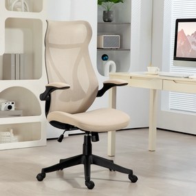 HOMCOM Scaun Ergonomic de Birou cu Brațe Rabatabile, Tetieră, Înălțime Reglabilă și Funcție de Leagăn, 66x66x121 cm, Bej | Aosom Romania