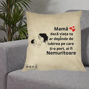 Cadou pentru Mama - Perna Personalizata Mama Nemuritoare Imbratisare Copil, 40x40 cm, Crem, Husa Detasabila, Perna Inclusa, BEKZ®