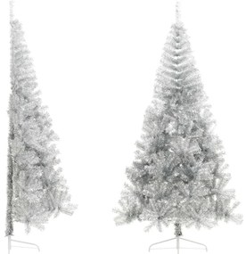 vidaXL Jumătate brad de Crăciun cu suport, argintiu, 210 cm, PET