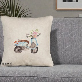 Perna Decorativa Scuter Albastru cu Flori Acuarela, 40x40 cm, Bej Canapea, Husa Detasabila, Perna Inclusa, BEKZ®