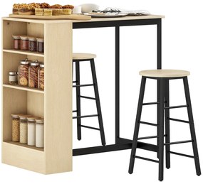 HOMCOM Set masă de bar cu tabureți, compartimente deschise, raft reglabil și suporturi pentru picioare, stejar și negru | Aosom Romania