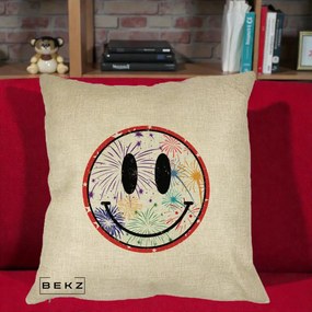 Perna Decorativa Smiley Face cu Artificii Multicolore, 40x40 cm, Crem, Husa Detasabila, Perna Inclusa, BEKZ®