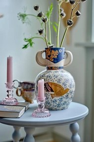 Vază din ceramică albastră cu decor pasăre și model floral pictate manual, cu două toarte laterale, 16,5x23,5 cm, "Hezha"