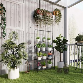 Outsunny Suport pentru Plante cu 3 Niveluri, cu Bară pentru Agățat și Cârlige, Raft Metalic pentru Ghivece și Flori, pentru Interior și Exterior, Balcon, Living, Dormitor, Negru | Aosom Romania