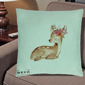 Perna Decorativa Caprioara cu Flori in Coama, 40x40 cm, Verde Menta, Husa Detasabila, Perna Inclusa, BEKZ®