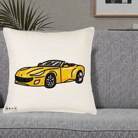 Perna Personalizata Masina Cabriolet Galbena Grafic, 40x40 cm, Crem Reliefat, Husa Detasabila, Perna Inclusa, BEKZ®