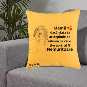 Cadou pentru Mama - Perna Personalizata Mama Nemuritoare cu Copilul in Poala, 40x40 cm, Galben, Husa Detasabila, Perna Inclusa, BEKZ®