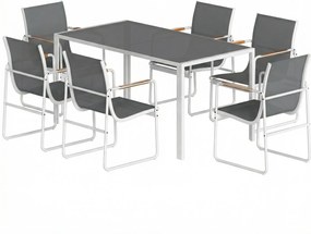 Outsunny Set masă și scaune pentru grădină cu masă din sticlă securizată și 6 scaune respirabile pentru terasă/patio Alb și Gri | Aosom Romania
