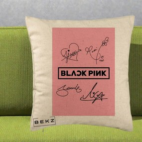Perna Personalizata K-pop BLACKPINK Semnaturi Roz, 40x40 cm, Bej, Husa Detasabila, Perna Inclusa, BEKZ®