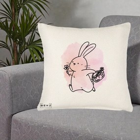 Perna Decorativa Iepuras Kawaii cu Cosulet Floral, 40x40 cm, Crem Reliefat, Husa Detasabila, Perna Inclusa, BEKZ®
