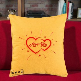 Cadou Romantic - Perna Personalizata Love You Doua Inimi, 40x40 cm, Galben, Husa Detasabila, Perna Inclusa, BEKZ®