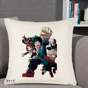 Perna Personalizata My Hero Academia Izuku Deku si Echipa, 40x40 cm, Crem Reliefat, Husa Detasabila, Perna Inclusa, BEKZ®