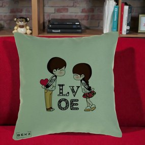 Cadou Romantic - Perna Personalizata Cuplu Kawaii LOVE, 40x40 cm, Verde, Husa Detasabila, Perna Inclusa, BEKZ®