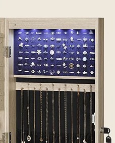 Dulap bijuterii suspendat cu oglinda, MDF melaminat / catifea, stejar, Songmics