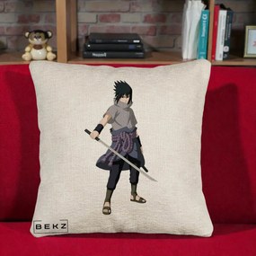 Perna Personalizata Naruto Sasuke Uchiha cu Sabia, 40x40 cm, Bej Canapea, Husa Detasabila, Perna Inclusa, BEKZ®