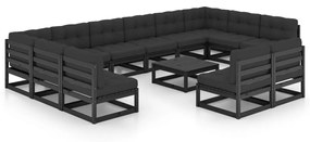 3077243 vidaXL Set mobilier grădină cu perne, 13 piese, negru, lemn masiv pin