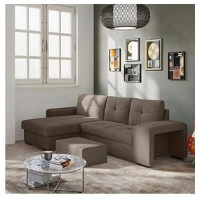 Canapea extensibilă PALERMO cu spațiu de depozitare și taburet, maro, orientare stânga
