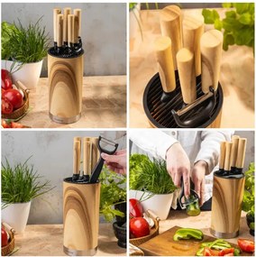 Set de cuțite de bucătărie Klausberg KB 9036, 7 piese, oțel inoxidabil, aspect de lemn, suport, maro