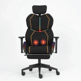 LUMINA X-Motion Pro –Scaun Gaming & Office Premium cu LED RGB, Masaj Lombar, Translație Șezut și Suport pentru Picioare – Confort Inteligent și Design Spectaculos, Textil, Negru/Galben