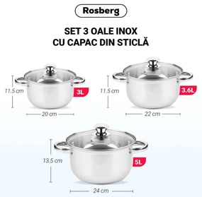 Set oale Rosberg R51210O6, 6 piese, 3-5 L, Capac din stica, Inox