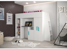 Pat pentru copii combinat 90 cm Puro 15 (alb mat + alb lucios + mânere Turcoaz). 1087099