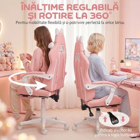 HOMCOM Scaun de Gaming Ergonomic cu Urechi de Pisică, Suport pentru Picioare și Suport Lombar, 65x62x116-124 cm, Roz | Aosom Romania