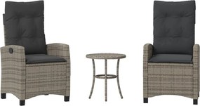 vidaXL Set bistro de grădină cu perne, 3 piese, gri, poliratan