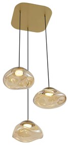 Lampă suspendată Hotel Chic alamă cu sticlă ambră 3 lumini - Gus