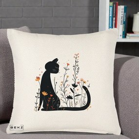 Perna Decorativa Pisica Neagra Flori Portocalii Silueta, 40x40 cm, Crem Reliefat, Husa Detasabila, Perna Inclusa, BEKZ®