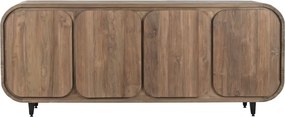 Bufet rustic din lemn de tec reciclat, natur, cu 4 uși cu colțuri rotunjite și picioare din metal negru, 80 x 200 x 45 cm, „Granville”