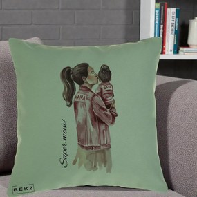 Cadou pentru Mama - Perna Personalizata Super Mom Jachete Roz, 40x40 cm, Verde, Husa Detasabila, Perna Inclusa, BEKZ®